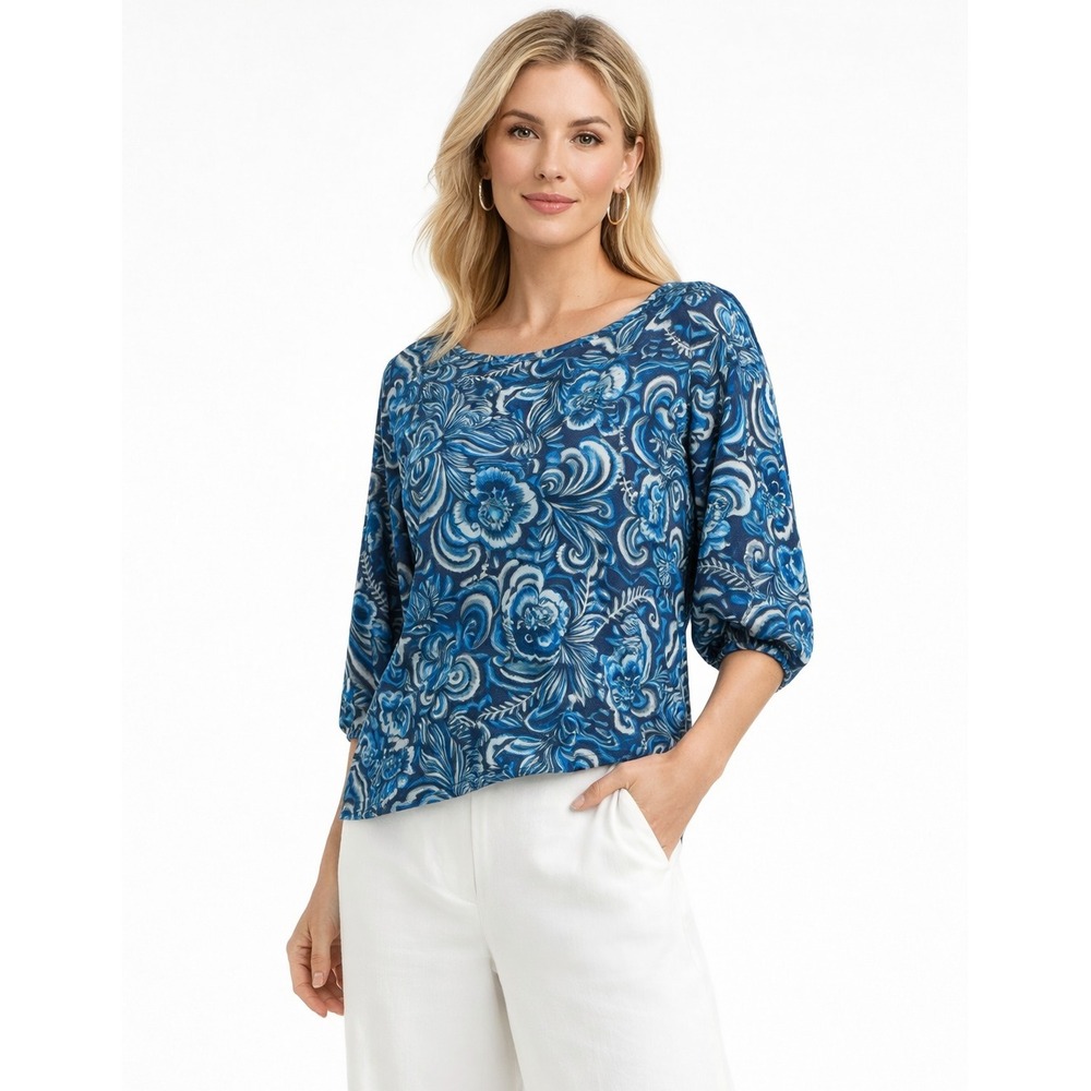 Johnny Was Janie Top Small Blue‎ Floral Puff Sleeve Soft Stretch Knit Spring NEW